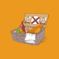 Doodle vintage picnic basket with food and drinks Royalty Free Stock Photo