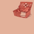 Doodle vintage picnic basket with food and drinks Royalty Free Stock Photo