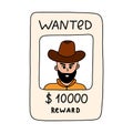 Doodle of wanted poster with cowboy with hand drawn outline. Simple colorful doodle of vintage western banner with Royalty Free Stock Photo