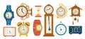 Doodle watch. Cartoon analog and modern timepieces. Digital wristwatch and interior chronometers. Retro alarm clock and