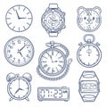 Doodle watch, clock vector icons. Hand drawn time vector icons isolated