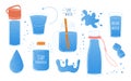 Doodle water. Cartoon glass and bottle for liquid. Blue drops or splashes. Isolated fitness drink containers collection