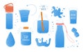 Doodle water. Cartoon glass and bottle for liquid. Blue drops or splashes. Isolated fitness drink containers collection. Vector