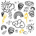 doodle weather white on black background. Contains sign of the sun, clouds, snowflakes, wind, rain, moon, lightning and more Royalty Free Stock Photo