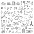 Doodle wedding icon set with decorative elements