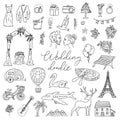 Doodle wedding icon set with decorative elements