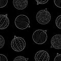 Doodle white Christmas balls with floral and geometric elements on black background. Seamless winter pattern.