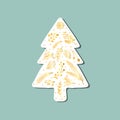 Doodle white Christmas tree with gold botanical ornament from twigs springs branches berries snowflakes. Christmas Happy New Year