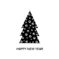 Doodle white paw prints with black Christmas tree. Happy new year greeting card for cat dog animal lovers Royalty Free Stock Photo