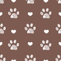 Doodle white paw prints and hearts vector with brown background seamless pattern for fabric Royalty Free Stock Photo