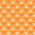 Doodle white tulip flowers shapes seamless pattern in hand drawn style. Orange bright background. Summer print Royalty Free Stock Photo