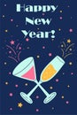 Doodle wine poster. Happy New Year. Champagne and martini glasses. Wineglasses celebration toast. Festive fireworks