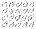 Doodle wings. Flying angelic wing logo, stylized sketch angel feathers tattoo outline drawing. Hand drawn bird wing