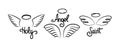 Doodle wings logo. Pair of hand drawn angel wings with decorative text and halo, heavenly religious emblems. Vector set Royalty Free Stock Photo