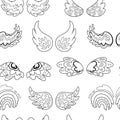 Doodle wings seamless pattern. Black and white vector background Royalty Free Stock Photo