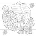 Doodle winter hat with pigtail patterns, knitted mittens, scarf and snowflakes. Isolated on white background.