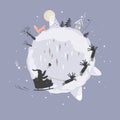 Doodle Winter Planet with Santa Claus and deer silhouettes flying in a sleigh. Cute small Xmas planet with a fox, house Royalty Free Stock Photo