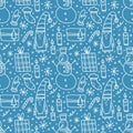 Doodle winter seamless pattern. Cute snowmen, funny gnome and xmas gifts, festive hand drawn new year print white elements on blue