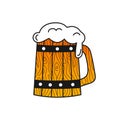 Doodle woden mug of craft beer for beer menu design or symbol for brewery ioslated on white background