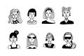 Doodle woman. Hand drawn female faces with contemporary haircut and glasses, social media user avatars, hipster woman portrait, Royalty Free Stock Photo