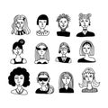 Doodle woman. Hand drawn female faces with contemporary haircut and glasses, social media user avatars, hipster woman portrait, Royalty Free Stock Photo