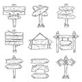 Doodle wood signs. Hand drawn wooden signpost and arrows sketch. Retro street road sign post showing direction isolated vector set Royalty Free Stock Photo