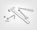 Doodle working tools. Under construction concept composition. Vector illustration