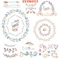 Doodle wreath ,floral decor.Colored watercolor,crayon sketched Royalty Free Stock Photo