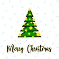 Doodle xmas tree greeting card with Merry Christmas lettering. Doodle cartoon xmas tree with yellow garlands, snowfall