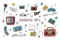 Doodled 90s vector set. Collection of retro electronics and things from 1990s. Funny doodles. Trendy colored vintage design