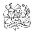 Muslim couple greeting eid ramadan doodle illustration