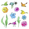 doodles of birds and flowers with a watercolor background