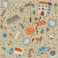 Doodles color city objects background seamless pat