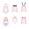 Doodles of cute girl faces with long hair, cat and rabbit ears, Royalty Free Stock Photo