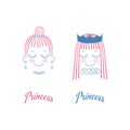 Doodles of cute girl faces with long hair, crown, pleated collar