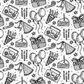 Doodles cute seamless pattern with cake, ballons and taperecorder. Happy birthday theme background