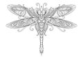 Doodles design of dragonfly for tattoo, design element, T-Shirt graphic and adult coloring book pages - Stock