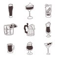 Doodles drawings of alcoholic drinks in glasses Royalty Free Stock Photo