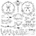 Doodles floral decor set.Borders,elements,wreath Royalty Free Stock Photo