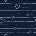 Doodles hand-drawn seamless pattern heart pattern on striped dark blue background. Royalty Free Stock Photo