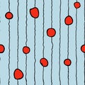 Doodles hand-drawn seamless pattern red circle patterns on striped blue background. Royalty Free Stock Photo