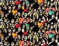 Doodles happy crowd people audience seamless pattern