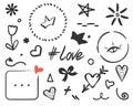 Doodles set, love concept. Hand drawn frame, heart, flower, sun, bow, border, arrow, stars. Scribbled isolated elements