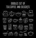 Doodles set of tea, coffee, dessert on a black background.