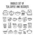 Doodles set of tea, coffee, desserts, sweets.