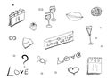Doodles set on Valentine`s Day. Monochrome love symbols, hearts and lettering isolated on white background. Love