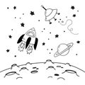 Doodles of a spaceship, Saturn and a flying saucer above the craters of the moon. Black and white vector illustration. Royalty Free Stock Photo