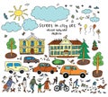 Doodles street sity object people cars houses sun isolated objects