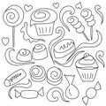 Doodles about sweets, candies, marshmallows, cupcakes and decorative elements in the form of hearts and curls, vector outline