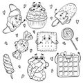 Doodles sweets candy cookies black outline emotions